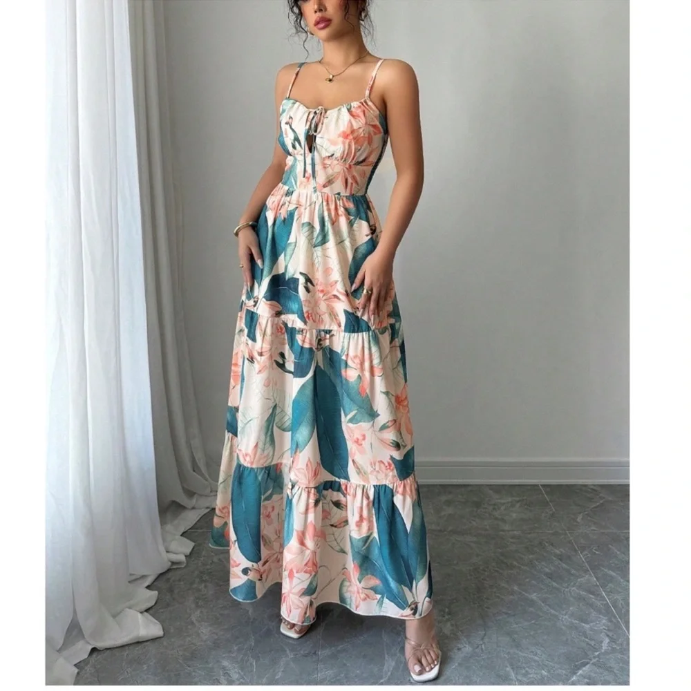 Boho Floral Tropical Print Front Tie Cami Maxi Dress S M L XL - Picture 4 of 5